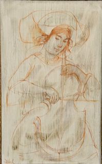 Edna (Hibel) Plotkin (American, 1917 - 2015), "Lady Playing a Cello", watercolor on board, signed "Hibel" lower left, framed, 13 1/2" x 8",