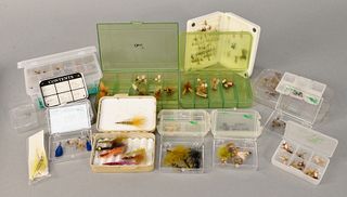 Tray lot of trout flies, dry and wet, 13 containers. Estate of Michael Coe, PhD, New Haven, CT.