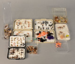 Tray lot of 8 containers, trout, steelhead and salmon flies. Estate of Michael Coe, PhD, New Haven, CT.