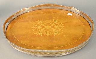 Regency style silver plated tray with mahogany inlaid center, 18 1/2" x 26".