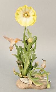 Boehm Rufous Hummingbirds, painted porcelain figural group with removable flowers, signed on base "Boehm, limited edition Rufous Hummingbird 487E, Mad