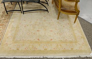 Contemporary Oushak style rug, tan with red flowers, 6' x 9' 2".