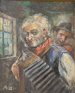 Americo Makk (Hungarian/American, 1927 - 2015), "The Musicians", oil on canvas depicts man with accordian, signed "A. Makk" lower left, titled verso, 