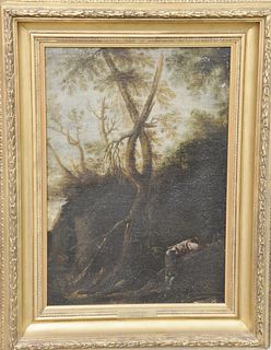School of Salvator Rosa (1615 - 1673), oil on canvas, landscape with figure, unsigned, after Salvator Rosa, Christie's label on verso, 21 1/2" x 14 1/