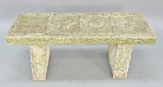 Cement outdoor bench top with four panels of four seasons, marked "2001 Al's Garden Art", ht. 19", top 17 1/2" x 47".