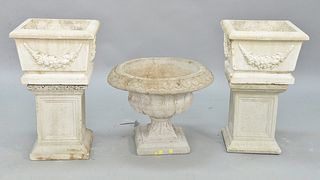Five piece cement lot to include a pair of two planters, ht. 27" along with an urn shaped planter, ht. 17 1/2".