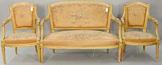 Three piece Louis XVI style salon set with canape and pair of fautoil with aubusson type upholstery. canape ht. 36 1/2 in., lg. 51 in.