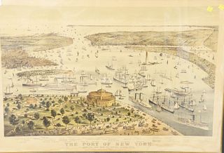 Currier & Ives lithograph "The Port of New York", birds eye view from the battery looking south, sight size 24" x 36".