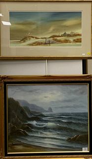 Two piece lot to include: Allen Ulmer (1922 - 1990), sea shore, sand dunes, watercolor, signed lower right, sight size 10" x 21"; June Nelson, 20th C.