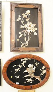Group of three Japanese applique, lacquer panels, having carved bone and mother of pear; flowers, leaves and birds, 29 1/2" x 20"; 28 1/2" x 19"; 21" 