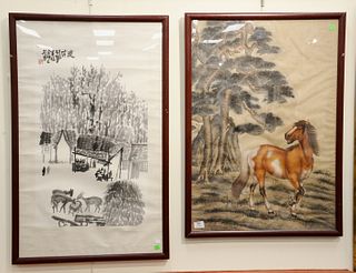 Three framed Asian pieces, watercolor on cloth depicting scrolling pine tree and a horse, 32" x 22"; watercolor on paper, black and white farmscape, 2