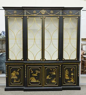 Contemporary two-part breakfront having chinoiserie decorated base, ht. 94", wd. 87".