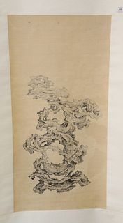 Chinese school scroll, Scholars Rock, ink painting on canvas, 18" x 36". Estate of Marilyn Ware Strasburg, PA.