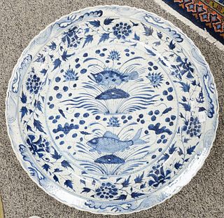 Chinese porcelain blue and white deep charger, dia. 29 1/2". Provenance: Estate of Mark W. Izard MD, Cider Brook Road, Avon, CT.