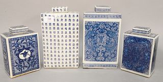 Four blue and white Chinese porcelain rectangular tea caddies, ht. 7 1/2" and 10 1/2".