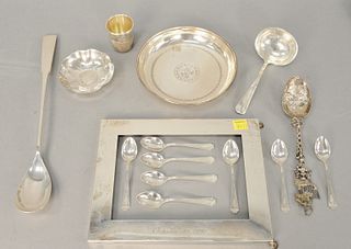 Tray lot of sterling silver to include spoons; ladle; thimble; dish; Tiffany & Co. picture frame, 21.1 t.oz. Estate of Marilyn Ware Strasburg, PA.