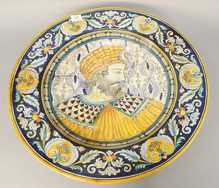 Large Majolica deep charger, marked De Ruta Dipinto Amano M. D'arte, (repaired) dia. 24 1/4". Provenance: Former home of Mel Gibson, Old Mill Rd, Gree