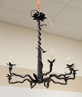 Contemporary iron hanging light having eight snakes form arms along with a snake twisted around column catching a frog, ht. 31", dia. 30".