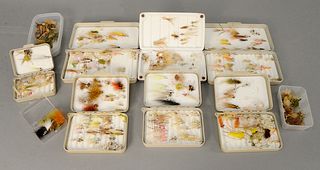 Tray lot of bone fishing flies, 10 containers. Estate of Michael Coe, PhD, New Haven, CT.