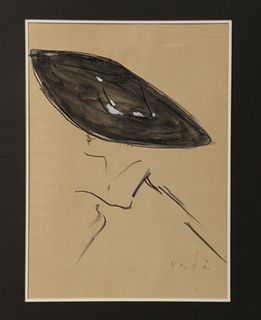 Two Marcel Vertes (1895 - 1961) watercolor and chalk of a woman wearing a black hat and a lithograph pencil signed and numbered 153/250, depicting two