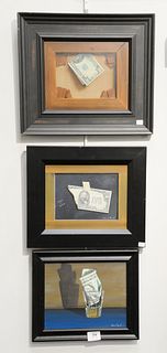 Three Richard Newill Trompe-l'œil, oil on masonite, "Burnt Money", "Shot Glass Dollar", "$20 on back of painting", 8" x 10", all signed "Richard Newil