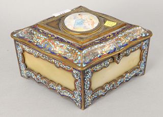French champlevé and bronze box having porcelain plaque on top, diamond form case with onyx panels and silk tufted interior, ht. 5 1/2", lg. 11".