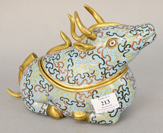 Chinese cloisonne covered container in form of a bull, ht. 7". Provenance: Estate of Mark W. Izard MD, Cider Brook Road, Avon, CT.