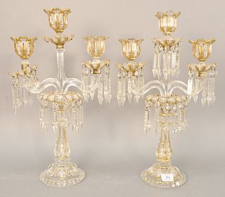 Pair of glass candelabra having three lights, each with white enameled flowers and gilt decoration, ht. 21".