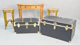 Five piece lot to include pair of Adams style side tables, Adams style demilune table, along with two lift top trunks, dia. 17".