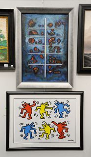 Three contemporary framed pieces, Keith Haring offset lithograph "Dancing Dogs", signed, sight size 27" x 19 1/8, pencil #14115; oil on canvas, shapes