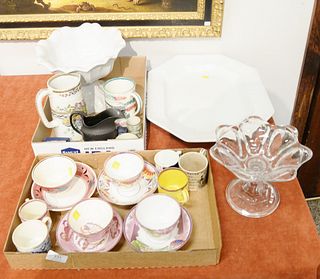 Group of mugs and misc. porcelain to include group of five small English child's mugs, spatterware mug with frog inside, 4 pink luster cups and saucer