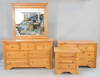 Four piece lot to include two pine chests, one with seven drawers and one mirror and one night table with four drawers, ht. 31" and 34", top 19 " x 58