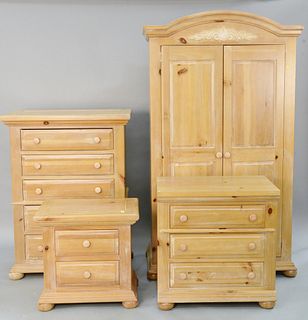 Four piece pine bedroom set to include a 5 drawer tall chest, ht. 48", 3 drawer chest, nightstand and armoir. Estate of Marilyn Ware Strasburg, PA.