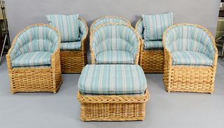 Set of six Wicker Works armchairs with cushions and one ottoman, ht. 30", wd. 27".