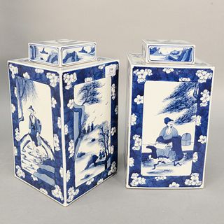 Pair porcelain blue and white square covered urns or tea caddies, ht. 13 1/2".