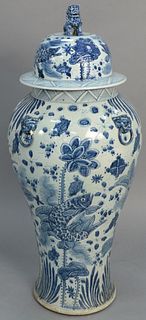 Palace size blue and white Chinese vase with top, ht. 43". Provenance: Estate of Mark W. Izard MD, Cider Brook Road, Avon, CT.