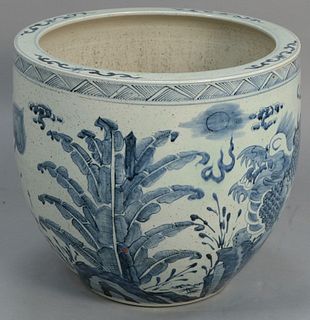 Large Chinese porcelain blue and white fishbowl/planter, ht. 20 1/2", dia. 23". Provenance: Estate of Mark W. Izard MD, Cider Brook Road, Avon, CT.