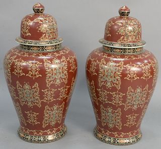Pair large porcelain covered urns, red mark on bottom, ht. 31". Provenance: Estate of Mark W. Izard MD, Cider Brook Road, Avon, CT.