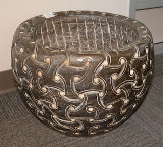 Pair of Carved Stone Planters, each having carved interlaced celtic design. height 13 1/2 inches, diameter 18 inches.