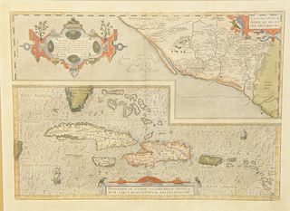 Abraham Ortelius colored, engraved map, Culiacanae Americae Regionis Mexico, Caribbean Hispaniolae, Cubae Aliar vmave insula rum circumiacientiom deli