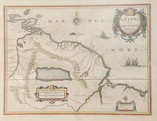 Willem Blaeu (1571 - 1638) hand-colored engraved map, Guiana Sive Amazonum Regio, Amsterdam, 1640, plate size 14 3/4" x 19 1/2".