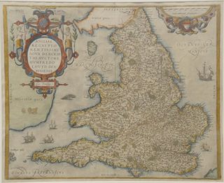 England and Wales, Ortelius Angliae Regni Florentissimi Nova Descriptio Auctore Humfredo Lhuyd Denbygiense, colored engraved map of England, plate siz