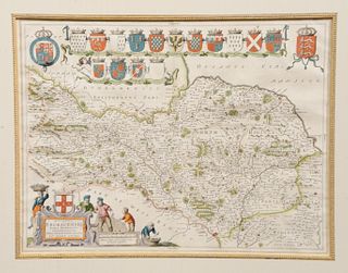 Joan Blaeu (1596 - 1673) Ducatus Eboracensis pars Borealis, The North Riding or York Shire, color engraved map, sight size 15" x 20". Provenance: Esta