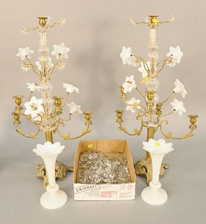 Pair of Victorian brass floral candelabra with white glass flowers, ht: 27", and 6 candleholders along with a pair of white glass lusters, ht. 8 3/4".
