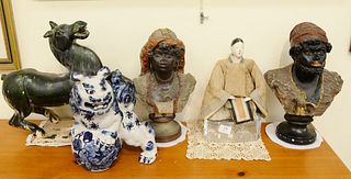 Group of five figural pieces to include pair of plaster Blackamoor busts ht.15 1/2"; Oriental figure on lucite base; pottery, green glazed horse, Tang