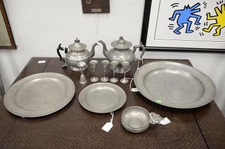 Pewter lot to include Samuel Hamlin deep charger, two plates, one marked Thomas Danforth, two teapots, one marked Boardman and Hart. one porringger, a