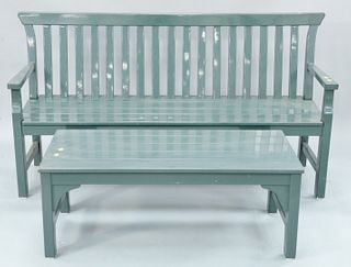 Outdoor bench and coffee table possibly resin or hard plastic, bench ht. 36", lg. 63", table ht. 17", lg. 44".