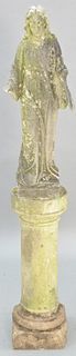 Carved marble garden figure of a woman holding a bouquet of flowers, ht. 30 1/2", 19th C. on pedestal base, 28"; total ht. 58 1/2".