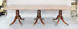 George III mahogany triple pedestal dining table, having two 22 1/2" leaves, ht: 28 1/2", top 53" x 115", total lg: 160"