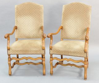 Set of ten Louis XIV style os de mouton dining chairs, all arm chairs having custom tan and blue upholstery, marked "AM" on leg, ht: 45 1/2".